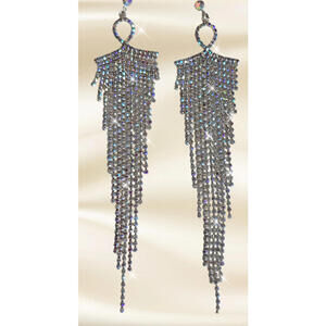 Aurora Borealis Dangle Earrings Silver Tone Long 6” Statement Drop Lightweight